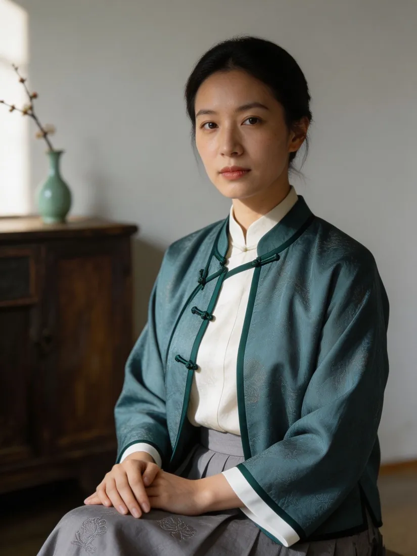 黛青服饰与侧窗光的 AI 人像作品